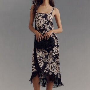 New FARM Rio Anthropologie Floral Black and Cream Fringed Midi Dress